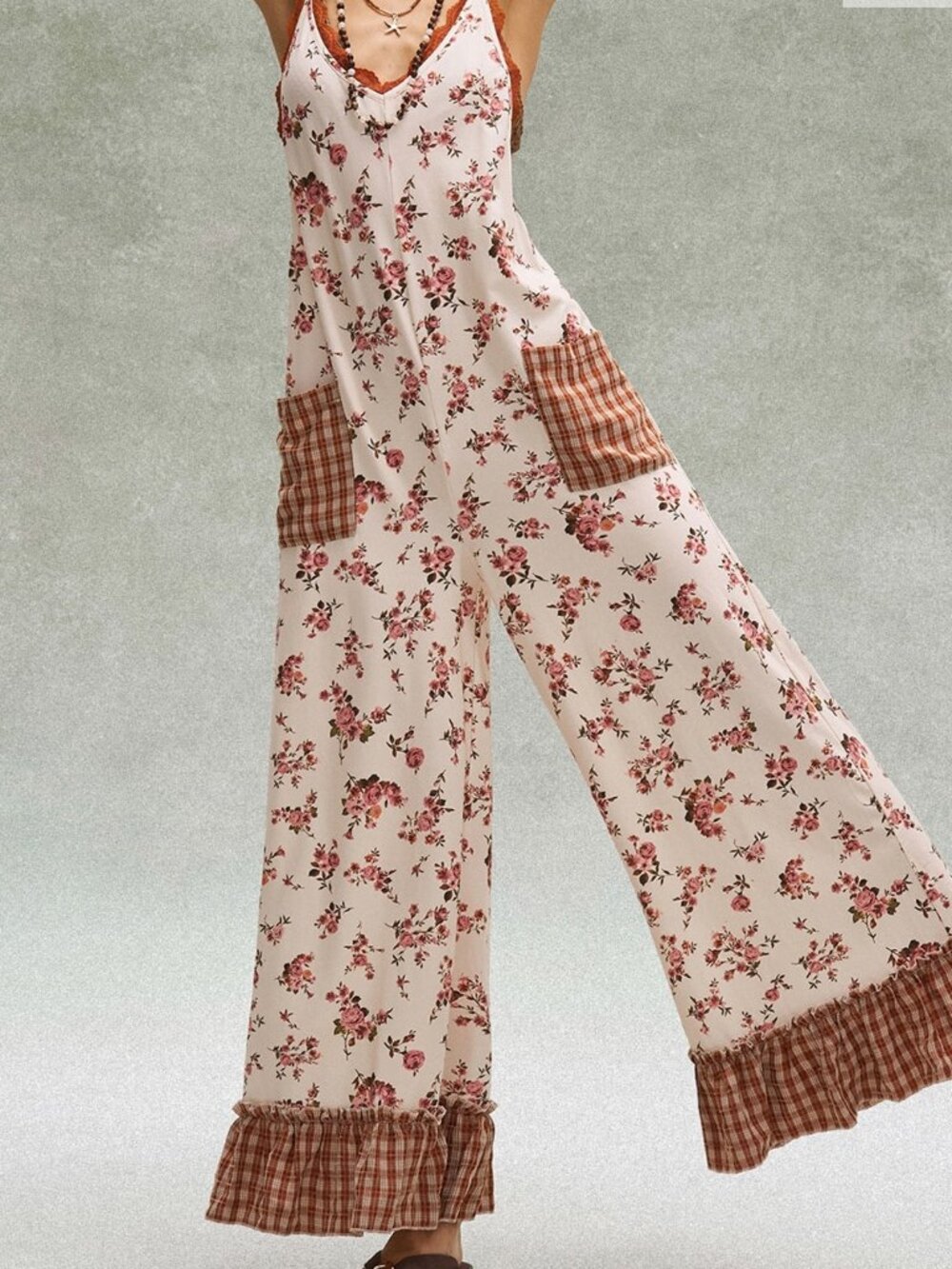Brown Boho Women's Casual Woven Patchwork Jumpsuit